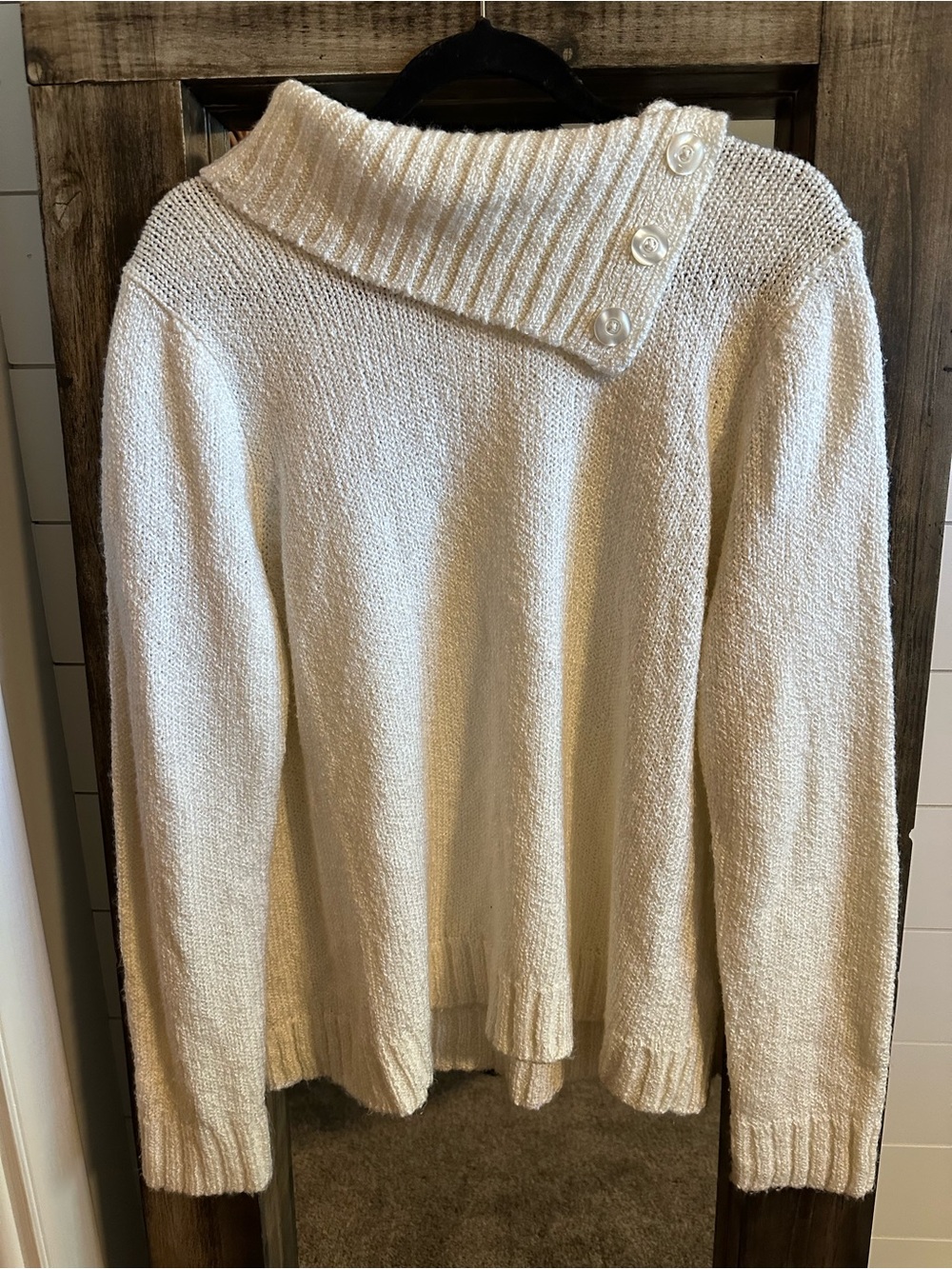 Studio Works Women’s XL Ivory Button Cowl Neck Knit Sweater Quiet Luxury Coastal